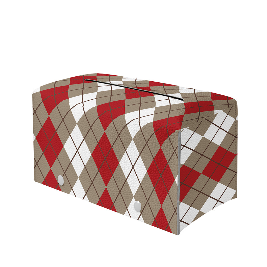 Red Beige And White Argyle Pattern Print Leather Tissue Box Cover