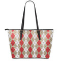 Red Beige And White Argyle Pattern Print Leather Tote Bag With Zipper