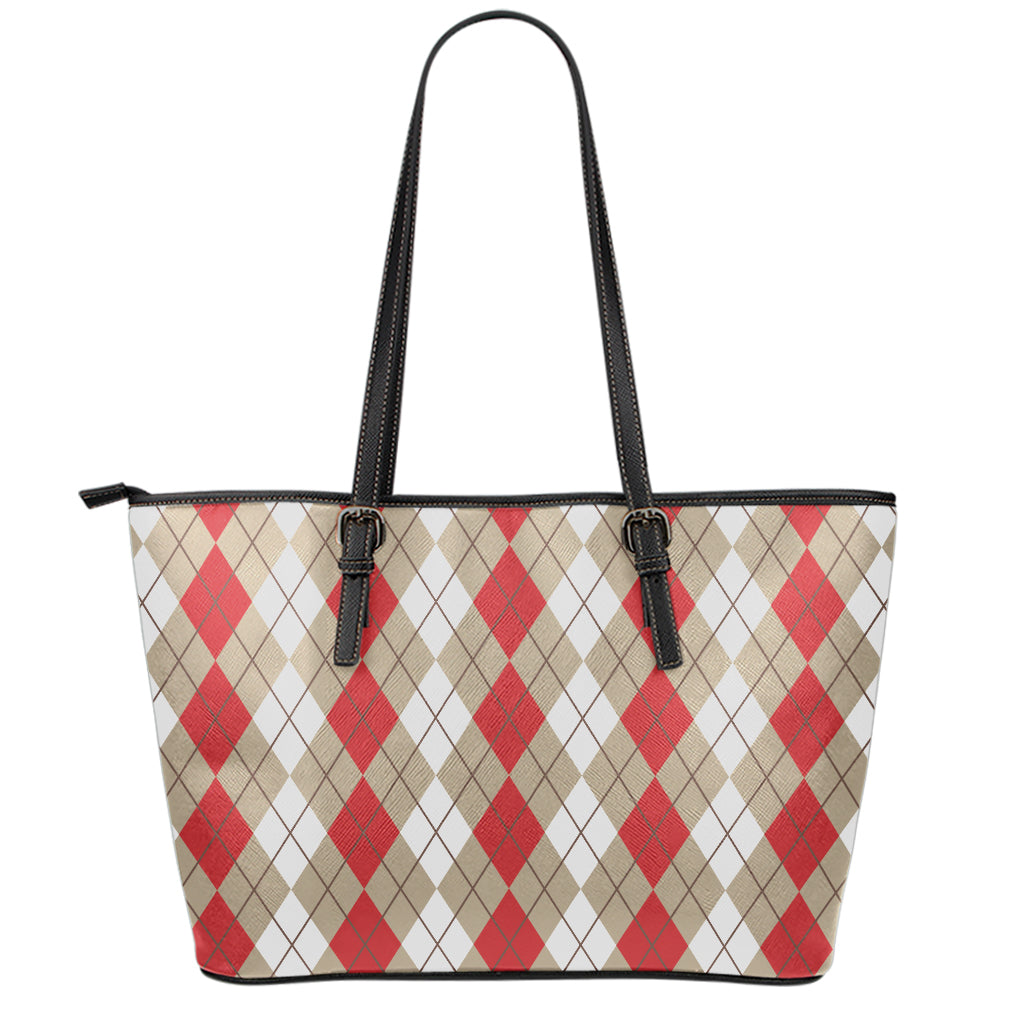 Red Beige And White Argyle Pattern Print Leather Tote Bag