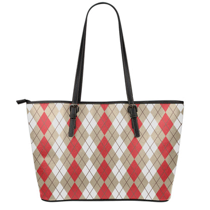 Red Beige And White Argyle Pattern Print Leather Tote Bag
