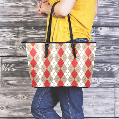 Red Beige And White Argyle Pattern Print Leather Tote Bag