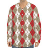 Red Beige And White Argyle Pattern Print Long Sleeve Baseball Jersey