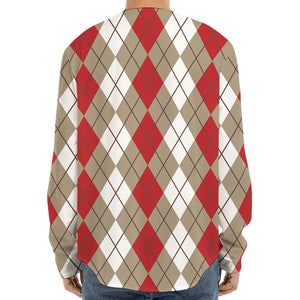 Red Beige And White Argyle Pattern Print Long Sleeve Baseball Jersey