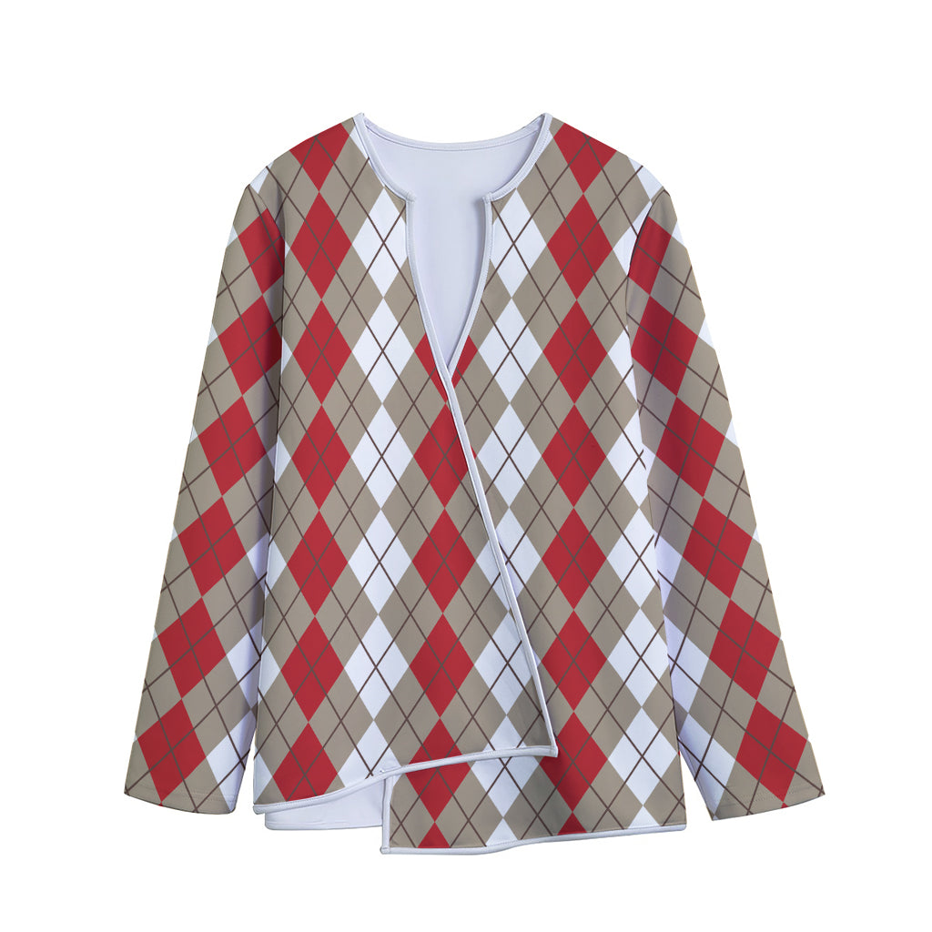 Red Beige And White Argyle Pattern Print Long Sleeve Short Coat