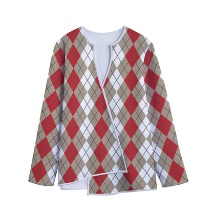Red Beige And White Argyle Pattern Print Long Sleeve Short Coat