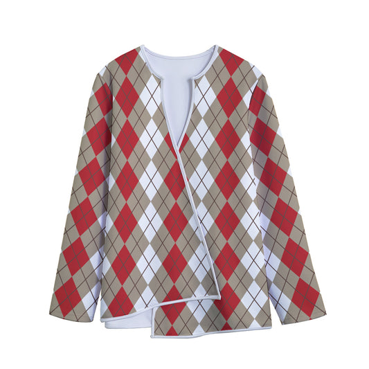 Red Beige And White Argyle Pattern Print Long Sleeve Short Coat