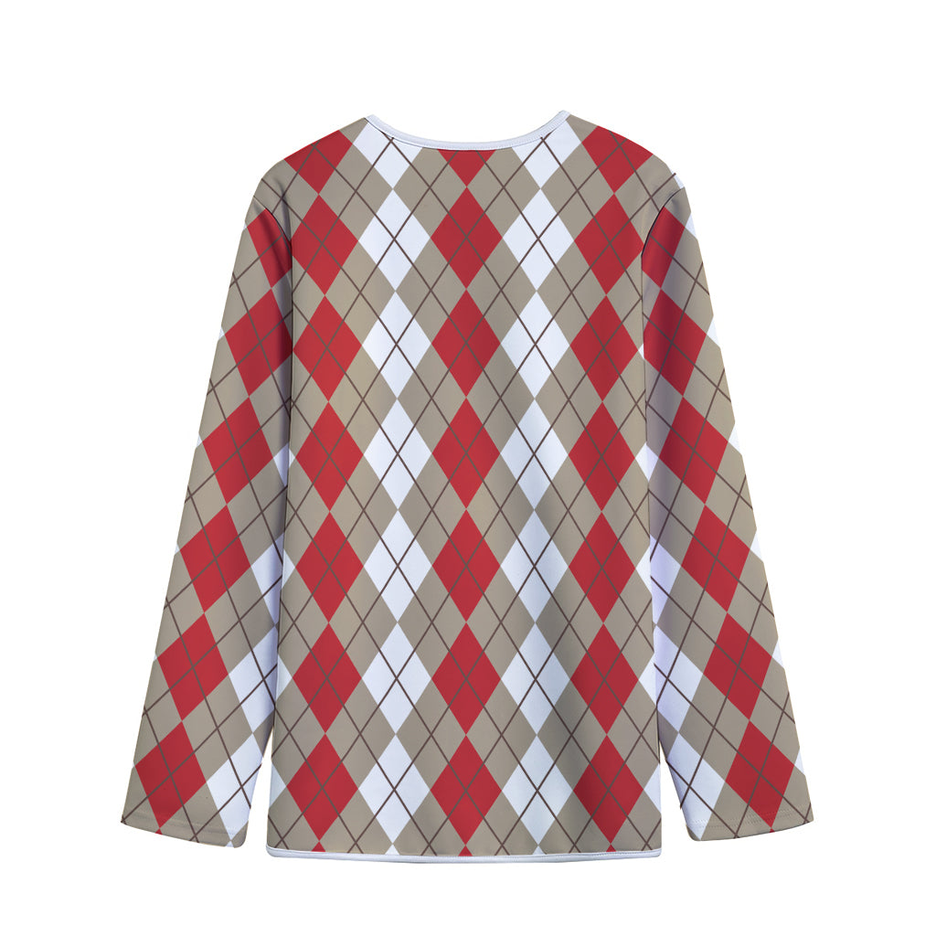 Red Beige And White Argyle Pattern Print Long Sleeve Short Coat