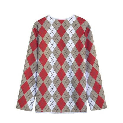 Red Beige And White Argyle Pattern Print Long Sleeve Short Coat