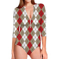 Red Beige And White Argyle Pattern Print Long Sleeve Swimsuit