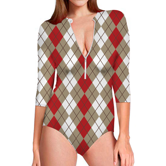 Red Beige And White Argyle Pattern Print Long Sleeve Swimsuit