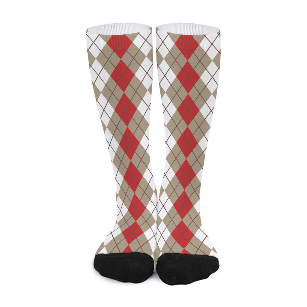 Red Beige And White Argyle Pattern Print Long Socks