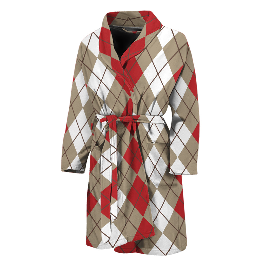 Red Beige And White Argyle Pattern Print Men's Bathrobe