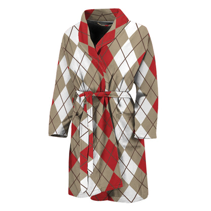 Red Beige And White Argyle Pattern Print Men's Bathrobe
