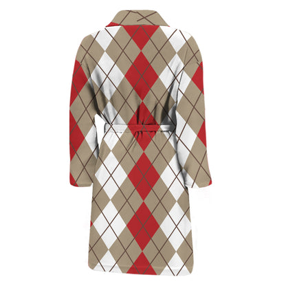 Red Beige And White Argyle Pattern Print Men's Bathrobe