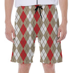 Red Beige And White Argyle Pattern Print Men's Beach Shorts