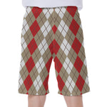 Red Beige And White Argyle Pattern Print Men's Beach Shorts