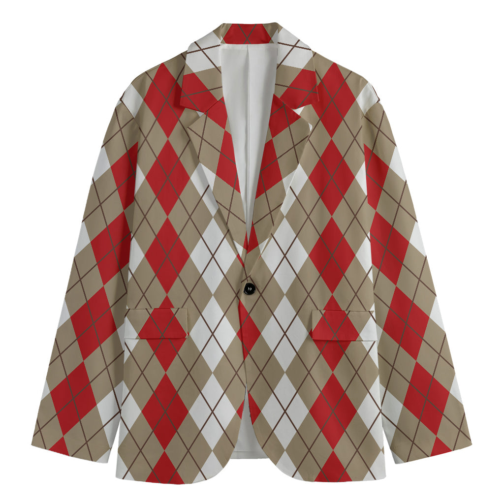Red Beige And White Argyle Pattern Print Men's Blazer