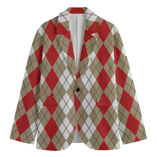 Red Beige And White Argyle Pattern Print Men's Blazer
