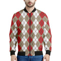 Red Beige And White Argyle Pattern Print Men's Bomber Jacket