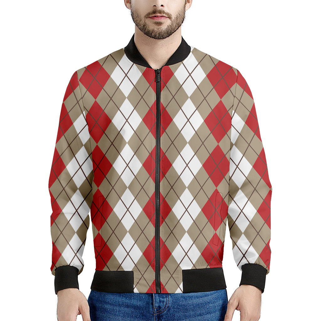 Red Beige And White Argyle Pattern Print Men's Bomber Jacket