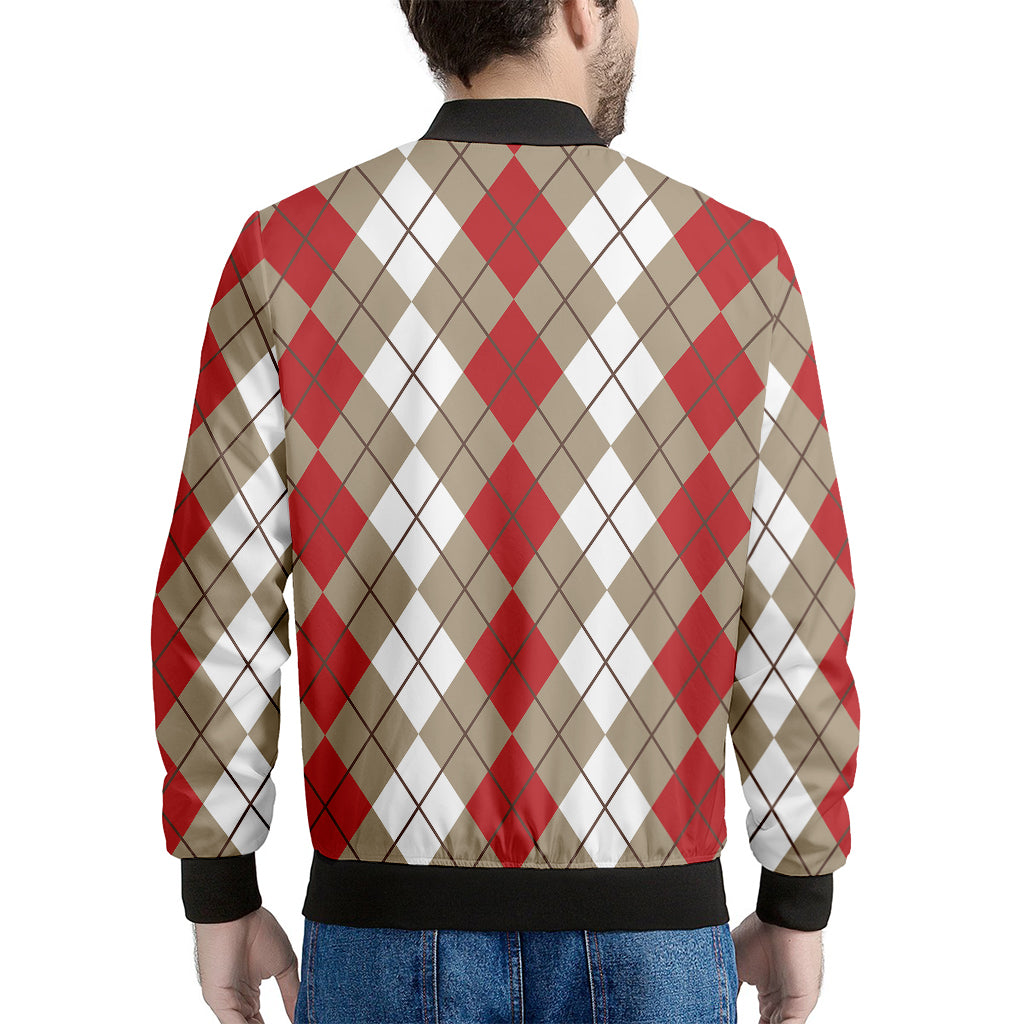 Red Beige And White Argyle Pattern Print Men's Bomber Jacket