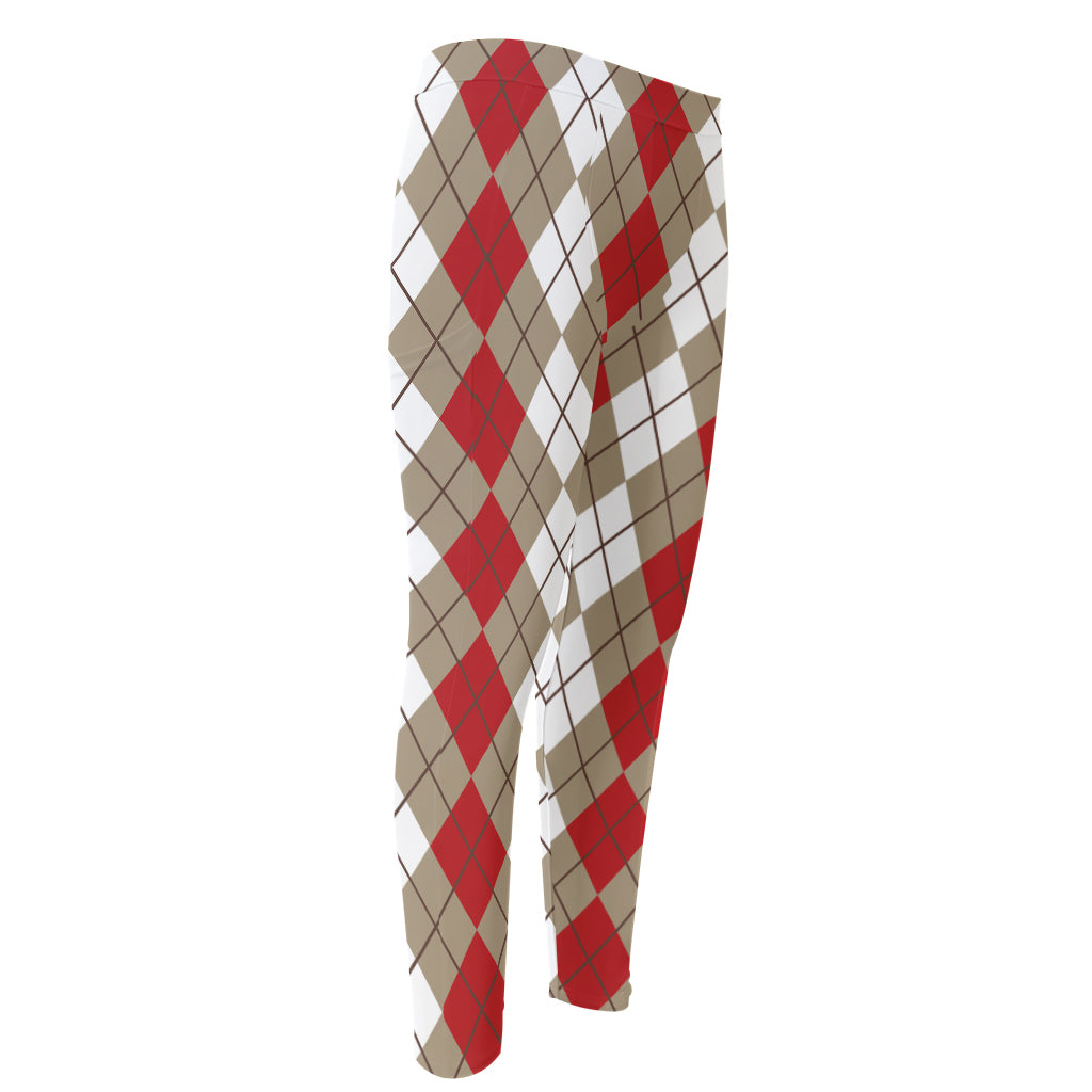 Red Beige And White Argyle Pattern Print Men's Compression Pants