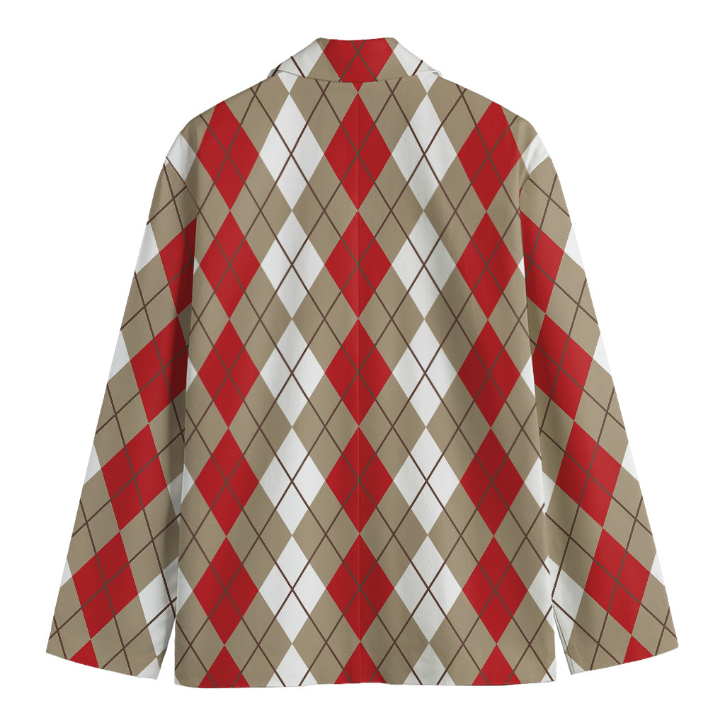 Red Beige And White Argyle Pattern Print Men's Cotton Blazer