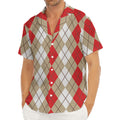 Red Beige And White Argyle Pattern Print Men's Deep V-Neck Shirt