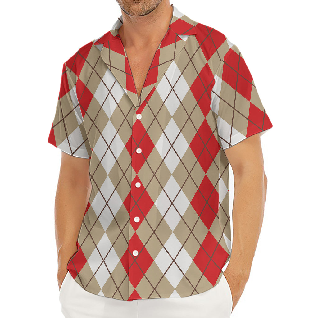 Red Beige And White Argyle Pattern Print Men's Deep V-Neck Shirt