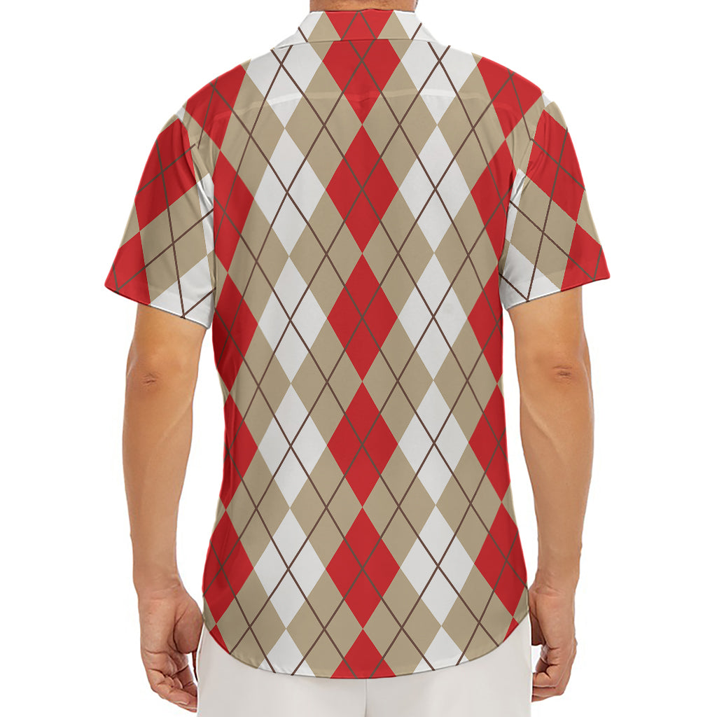 Red Beige And White Argyle Pattern Print Men's Deep V-Neck Shirt
