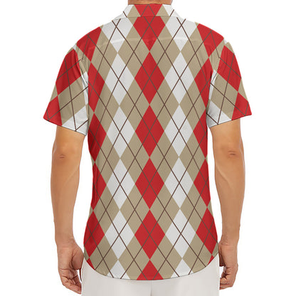 Red Beige And White Argyle Pattern Print Men's Deep V-Neck Shirt