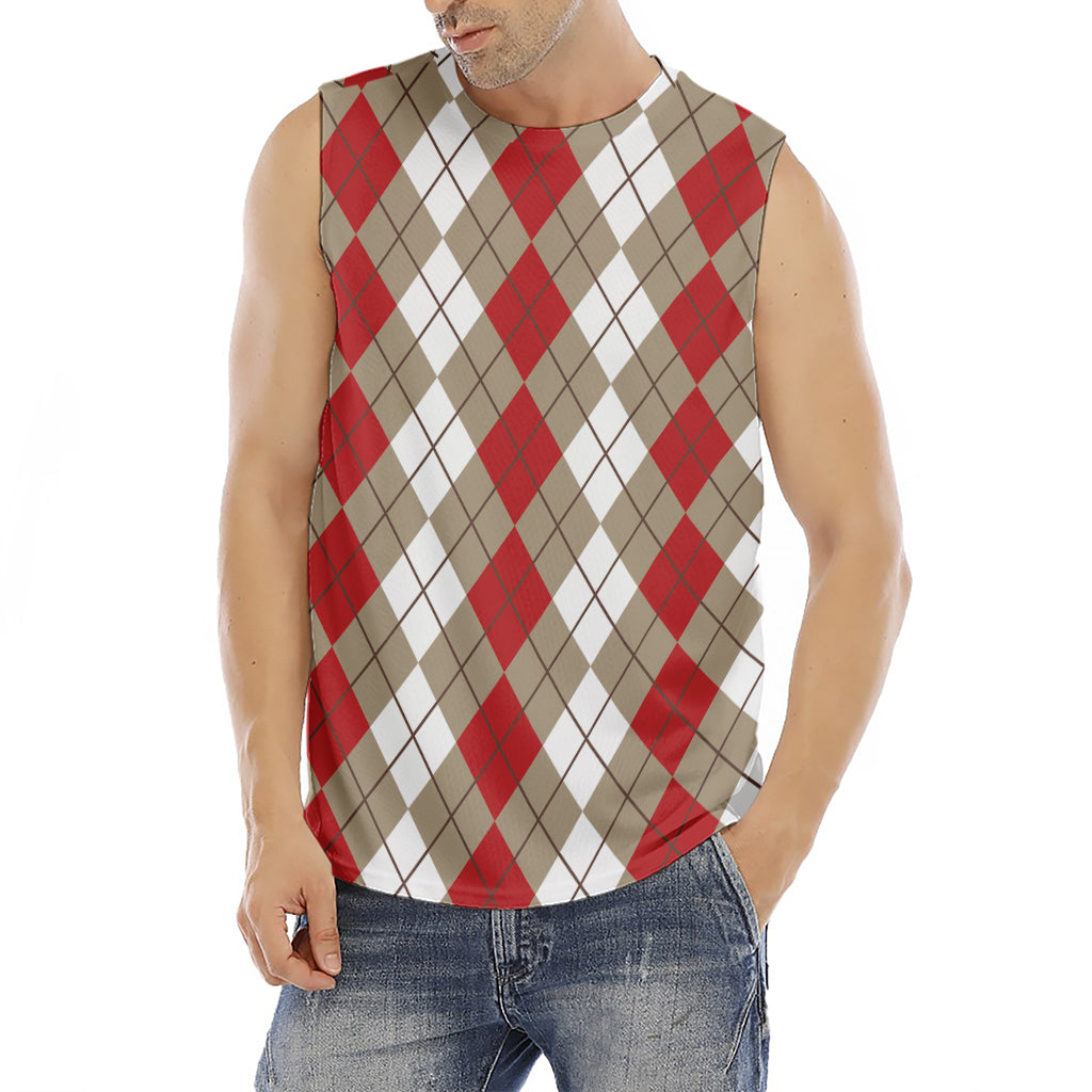 Red Beige And White Argyle Pattern Print Men's Fitness Tank Top