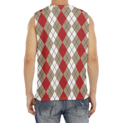Red Beige And White Argyle Pattern Print Men's Fitness Tank Top