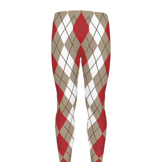 Red Beige And White Argyle Pattern Print Men's leggings