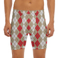 Red Beige And White Argyle Pattern Print Men's Long Boxer Briefs