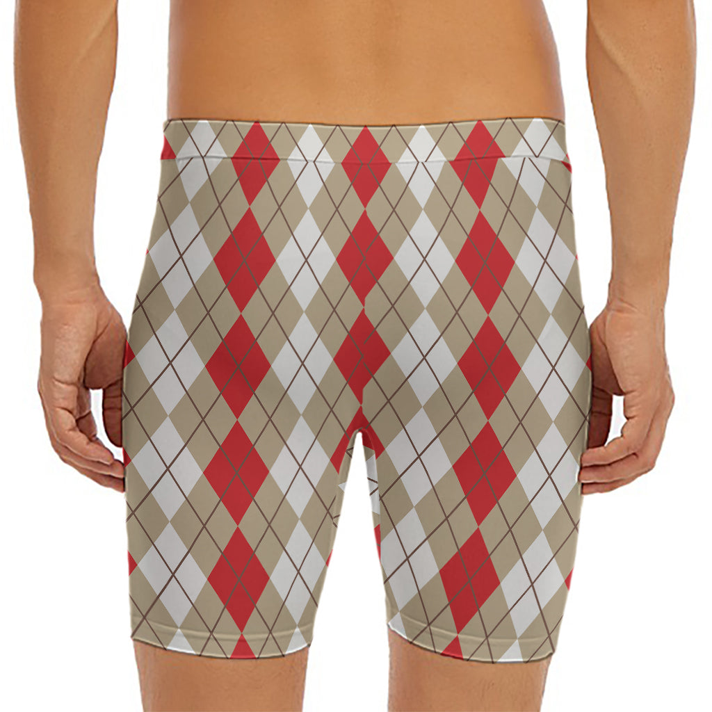 Red Beige And White Argyle Pattern Print Men's Long Boxer Briefs