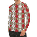 Red Beige And White Argyle Pattern Print Men's Long Sleeve Rash Guard