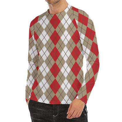 Red Beige And White Argyle Pattern Print Men's Long Sleeve Rash Guard