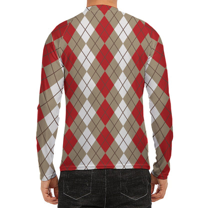 Red Beige And White Argyle Pattern Print Men's Long Sleeve Rash Guard