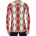 Red Beige And White Argyle Pattern Print Men's Long Sleeve T-Shirt