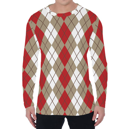Red Beige And White Argyle Pattern Print Men's Long Sleeve T-Shirt