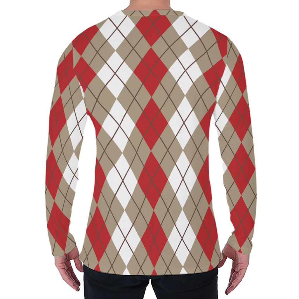 Red Beige And White Argyle Pattern Print Men's Long Sleeve T-Shirt