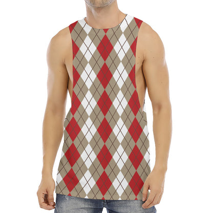 Red Beige And White Argyle Pattern Print Men's Muscle Tank Top