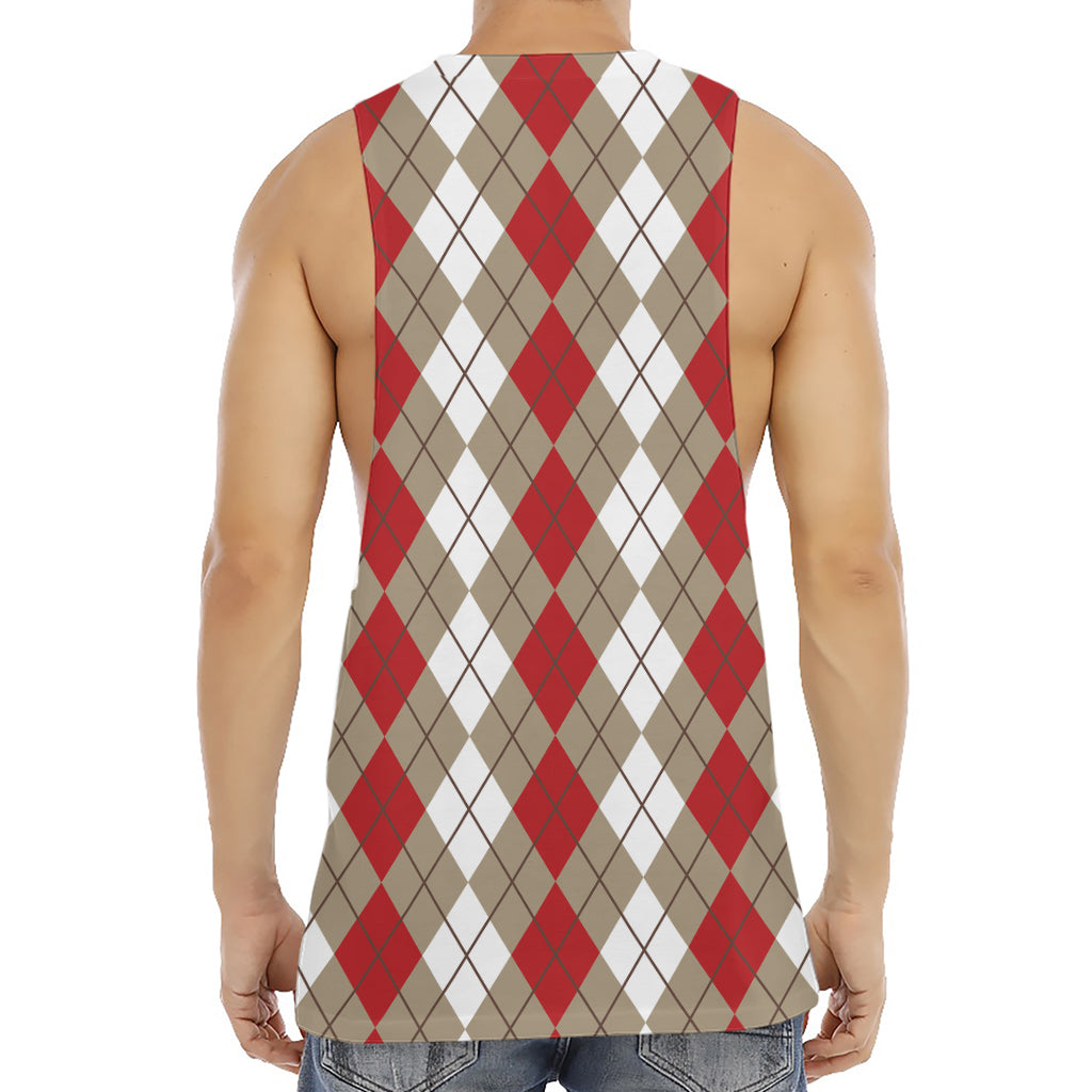 Red Beige And White Argyle Pattern Print Men's Muscle Tank Top