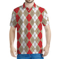 Red Beige And White Argyle Pattern Print Men's Polo Shirt