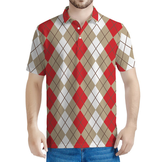 Red Beige And White Argyle Pattern Print Men's Polo Shirt