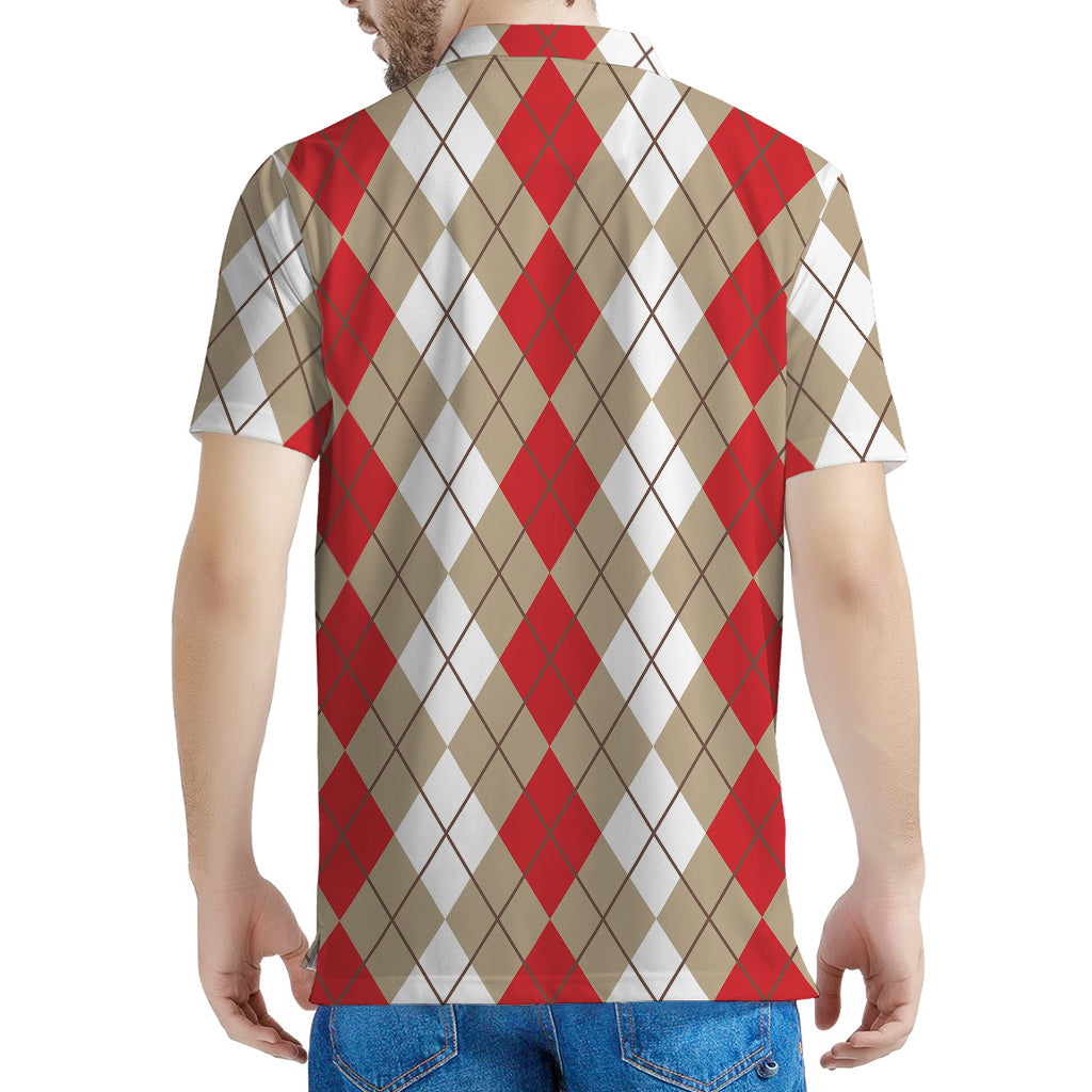Red Beige And White Argyle Pattern Print Men's Polo Shirt