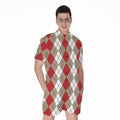 Red Beige And White Argyle Pattern Print Men's Romper
