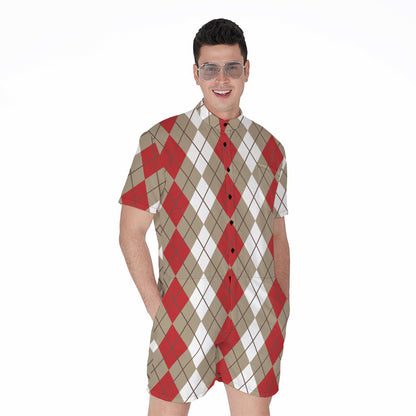 Red Beige And White Argyle Pattern Print Men's Rompers