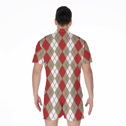 Red Beige And White Argyle Pattern Print Men's Rompers